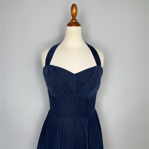 Anthropologie Girls from Savoy Ronda Halter Dress Midi Navy Blue Corduroy Size 8 - Picture 7 of 13